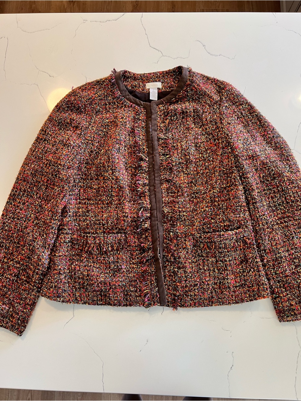 Chico's Multicolor Tweed Jacket with Brown Trim